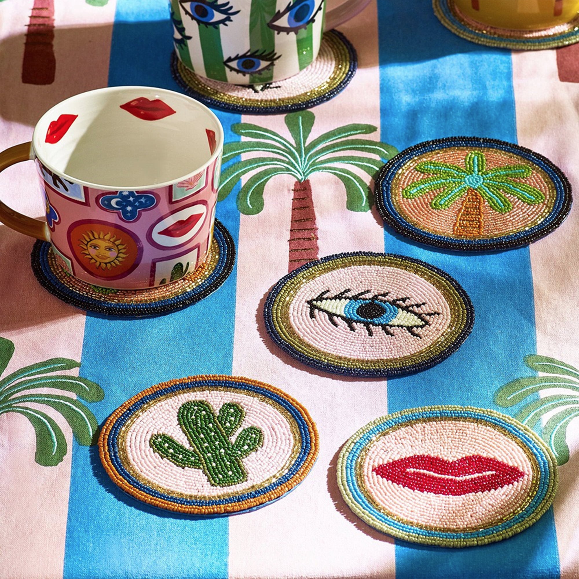 YIFEI Diamond Art Coasters Kit with Holder 4 Pcs Evil Eye Palm Tree Lips Cactus Diamond Painting Coasters DIY Craft Kit for Adults Beginners Gift