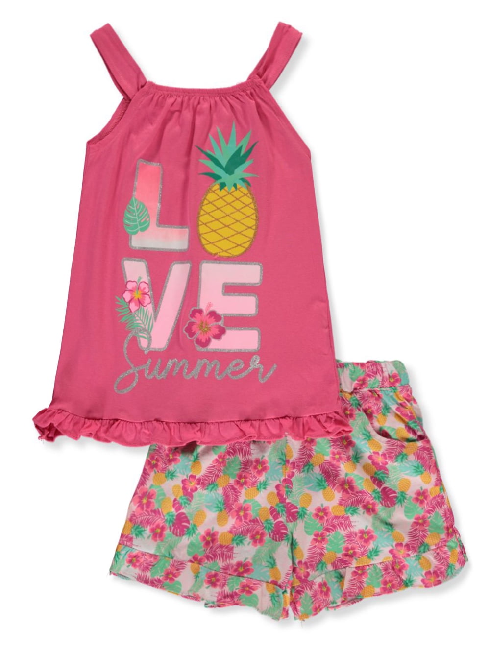 QA_ Kids Girls Lovely Pineapple T-shirt Plaid Culottes Shorts Outfits Set Sple 