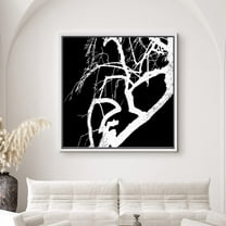 PixonSign Framed Canvas Print Wall Art White Curved Branches on Black Background Nature Wilderness Illustrations Modern Art Edgy Dark Black and White for Living Room, Bedroom, Office - 16"x16" White