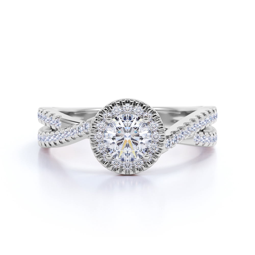 JeenMata 1 Carat Round cut Moissanite Engagement Ring in 18k White Gold Over Silver