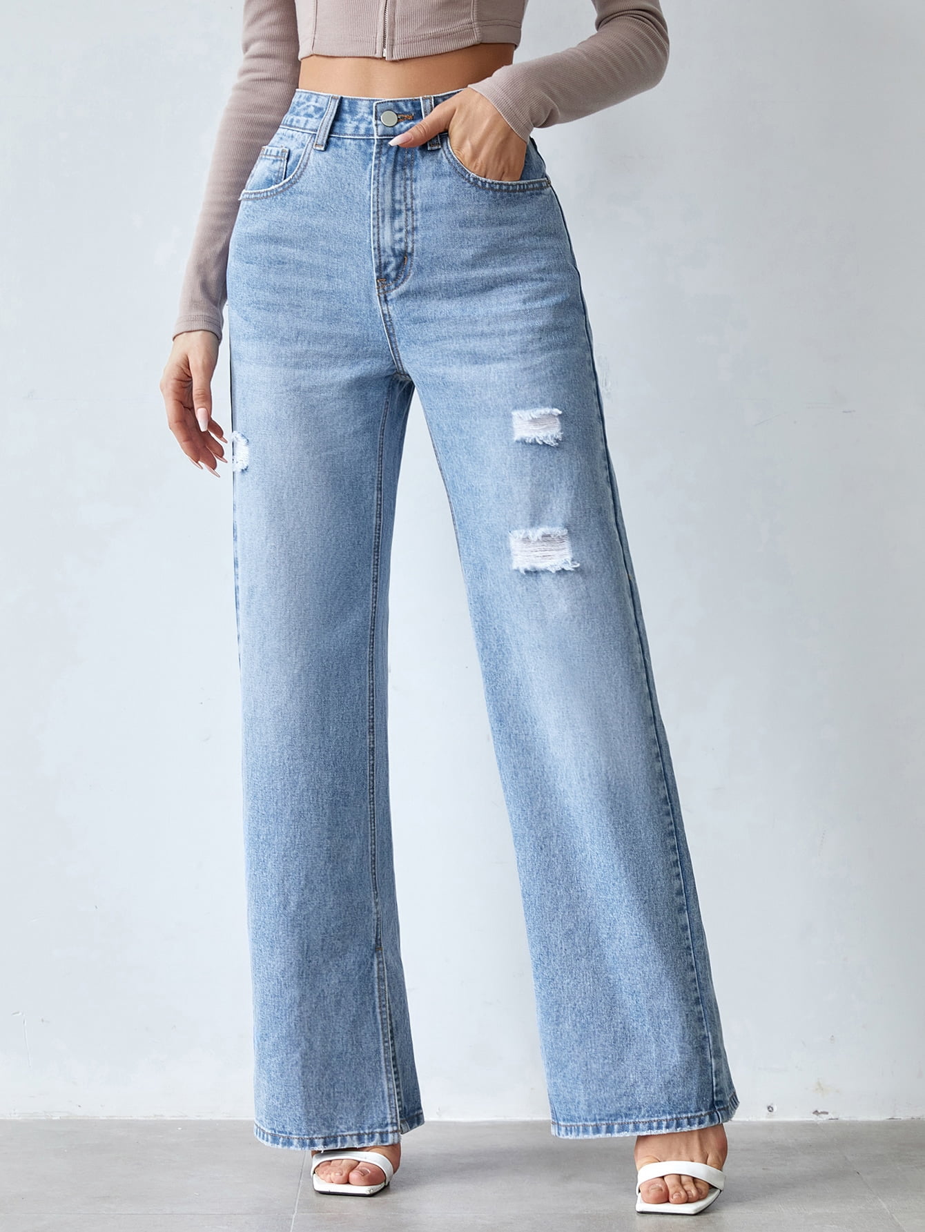 Zipper Fly Ripped Detail Wide Leg Jeans 