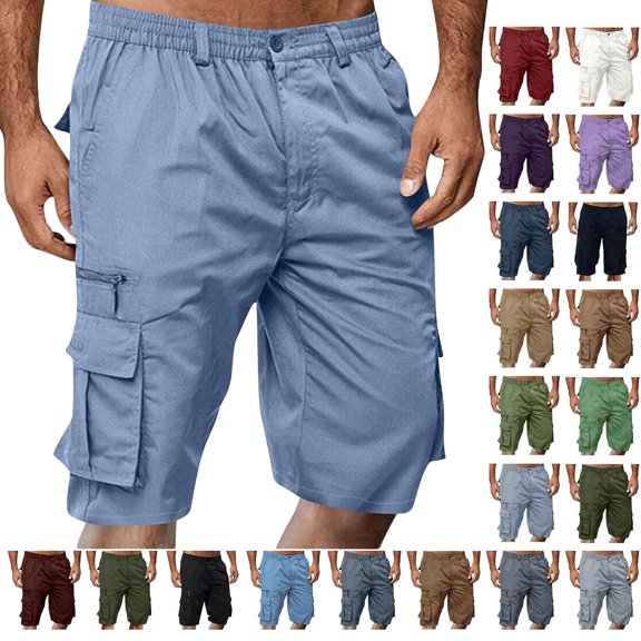 SKIYLEVZ Mens Shorts Solid Color Straight Buttons Zipper Elastic Cargo Pants Multi Pockets Casual Half Trunks Beach Shorts Summer Savings Clearance Vacation Beach Fashion