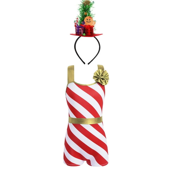 Aislor Girl's Christmas Santa Costume Candy Cane Striped Ballet Dance Leotard Bodysuit with Headband Hair Hoop Gold 10