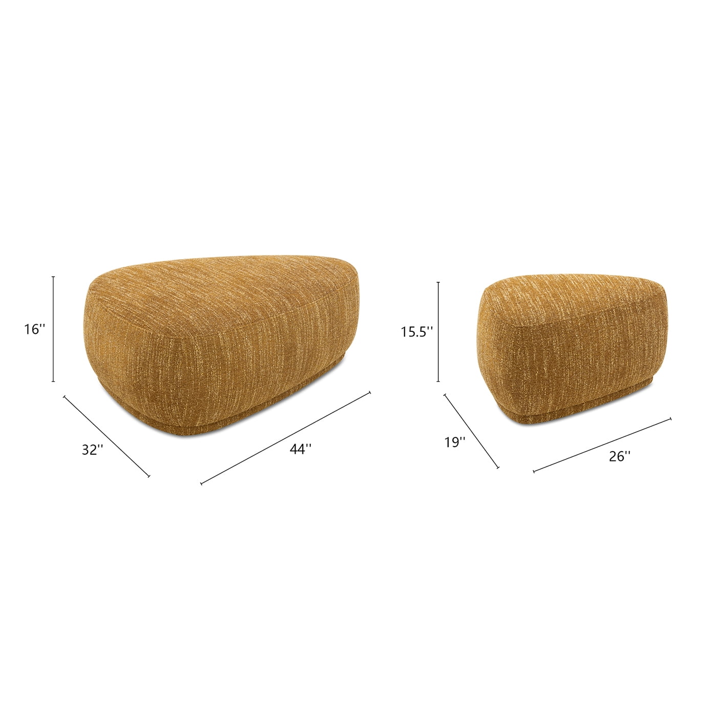 Jennifer Taylor Home Pebble 44" & 26" Rounded Triangle Cocktail Ottoman Set, Mustard Yellow Tweed