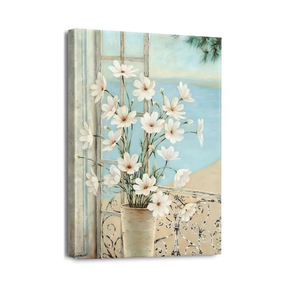 Artistic Floral Decor Modern Blue Daisy Canvas Print, 12x16inch Framed Painting for Bathroom Wall Decor and Bedroom Elegance