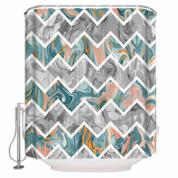 Fabric Shower Curtain, Turquoise Grey Marble Abstract Geometric Contemporary Art Shower Curtains with 12 Hooks Waterproof Machine Washable Bath Curtains for Bathroom, 54 x 78in