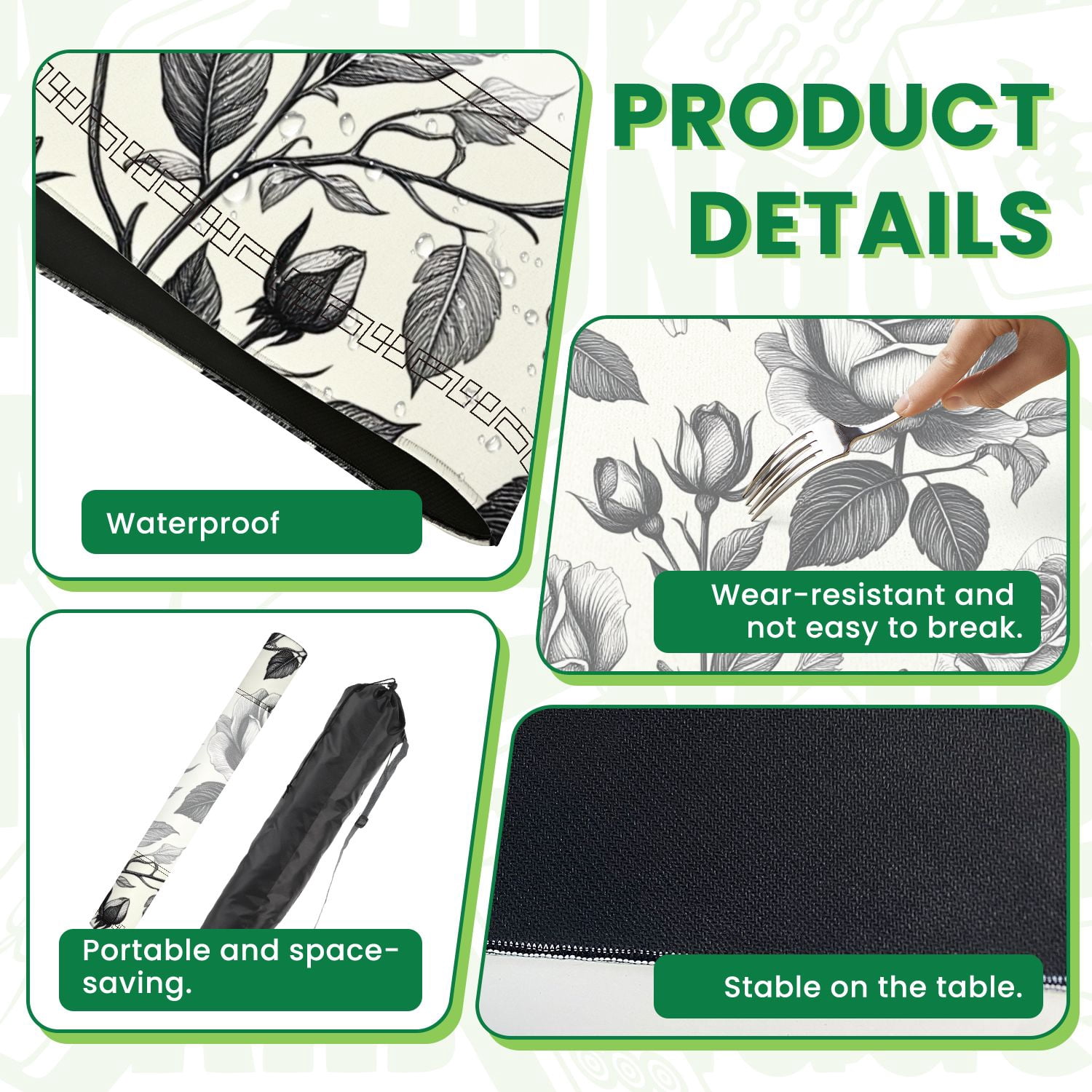 Mahjong Mat 31.5" x 31.5" Vintage seamless Floral black white Garden Non-Slip Noise Reduction American Mahjong Tiles Table Cover for Dominoes Poker Card Board Games Gift