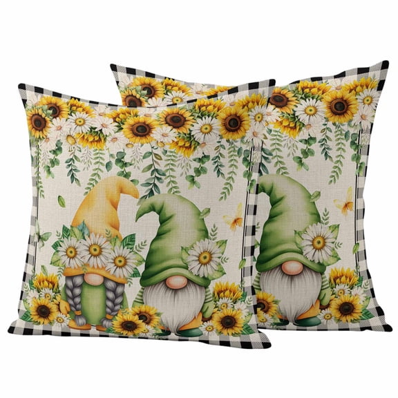 Sunflower Gnomes Outdoor Waterproof Pillow Covers, Spring Farmhouse Vintage Daisy Floral Leaf Decorative Square Throw Pillowcase Sofa Cushion Sham for Patio/Couch/Chair, 18"x18" 2 Pack