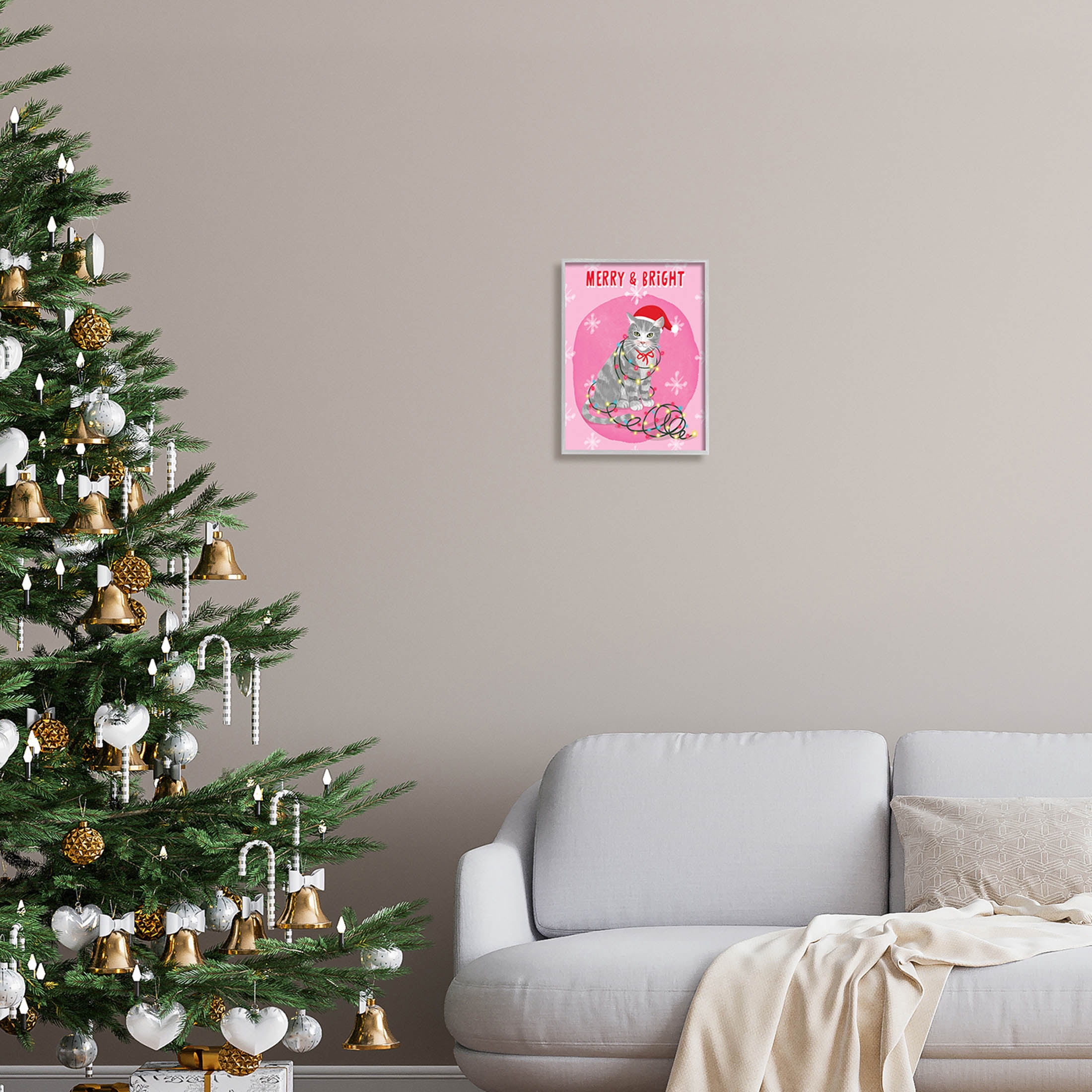 Merry & Bright Christmas Cat Holiday Graphic Art Gray Framed Art Print Wall Art