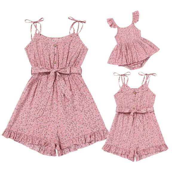 FYMNSI Mommy and Me Rompers Matching Outfit Sleeveless Belted Casual Jumpsuit Spaghetti Strap Short Overall Set Pink (Baby 3-6M)