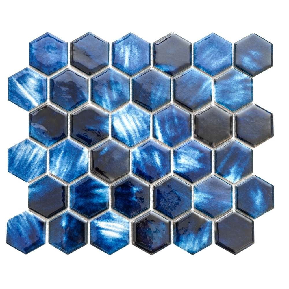 The Tile Life Agate 4 in x 4 in Hexagon Sapphire Glossy Porcelain Mosaic Tile Sample 1 Piece
