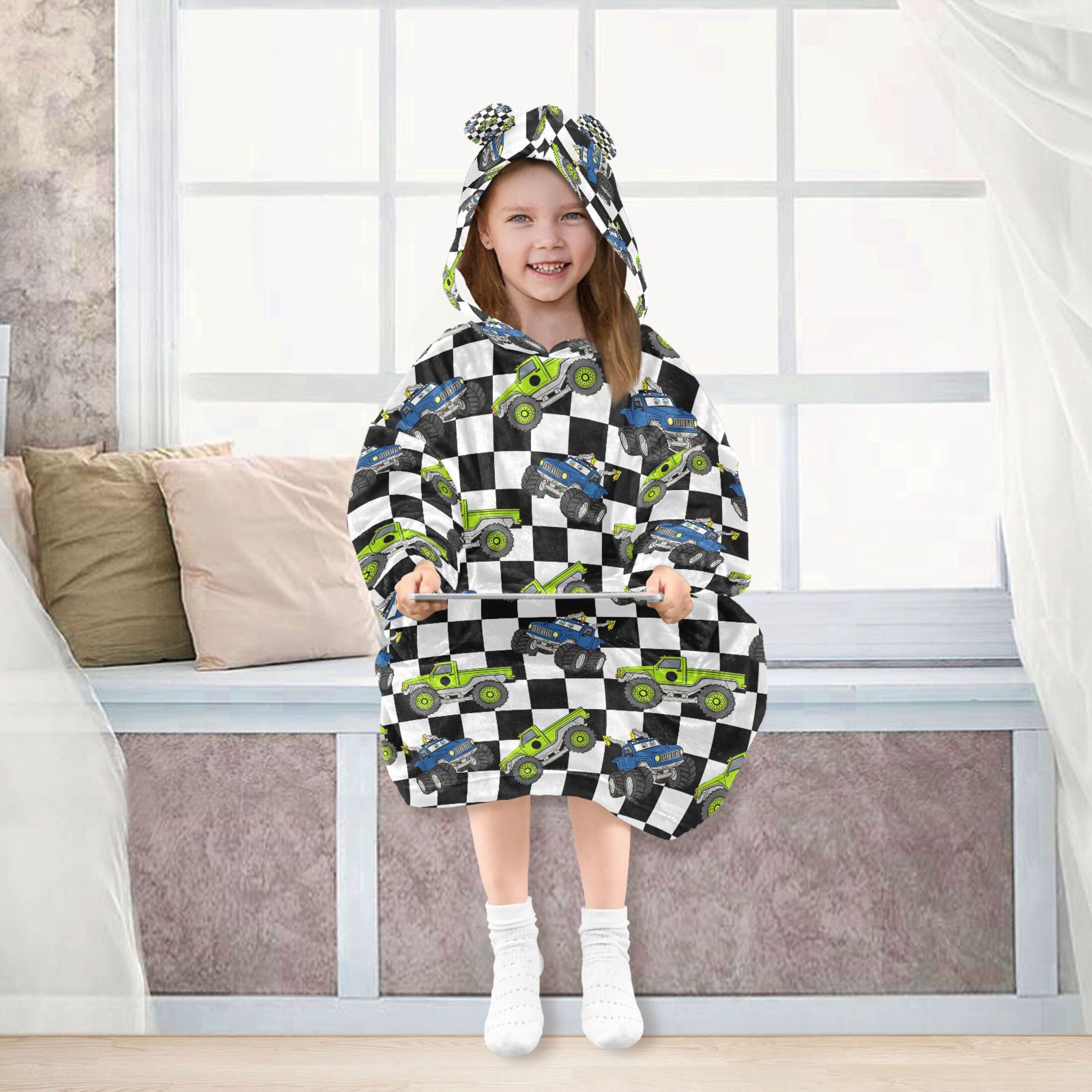 joogoo Wearable Blanket Hoodie for Cartoon Vehicle Car Checkered Flannel Sherpa Pocket 3-14 YR S