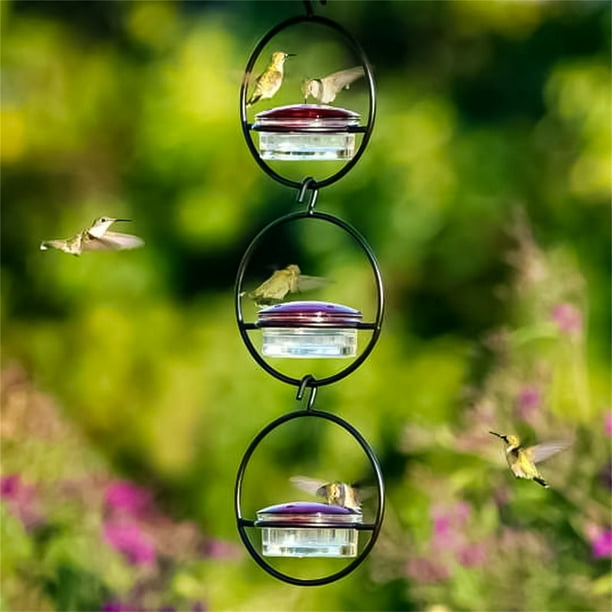 Comedero de metal para colibríes Colgante Comedero para pájaros al aire libre | Suspensión de acero duradera | Cuenco de vidrio grueso | Fácil de limpiar | Atrae colibríes y pájaros cantores