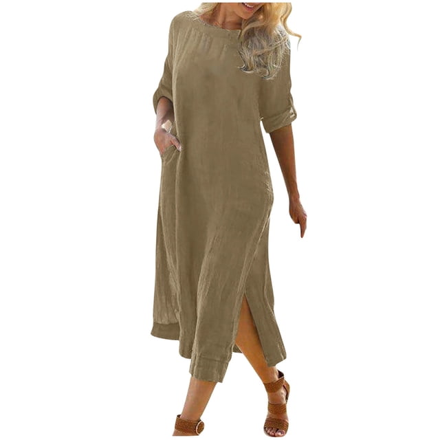 Vestidos Para Mujer Maxi Vestido de Moda Color Sólido Cuello Redondo Manga Media Vestido de Lino de Algodón Odeerbi ODB155972