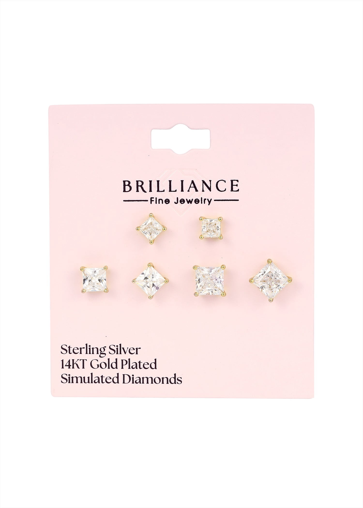 Brilliance Fine Jewelry Women's Simulated Diamond Trio Square Earring Set in 14KT Gold Plated Sterling Silver