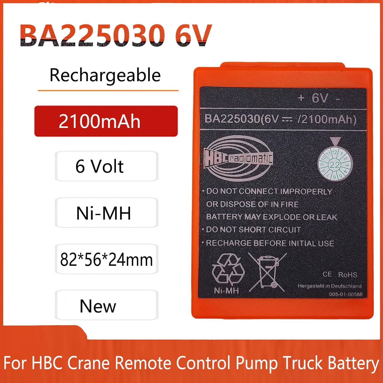 6V 2100mAh BA225030 Ni-Mh Rechargeable Battery Replace HBC Radiomatic Battery BA225000 BA225031 BA205030 FuB05AA  BA225001 for HBC Crane Remote Control Pump Truck