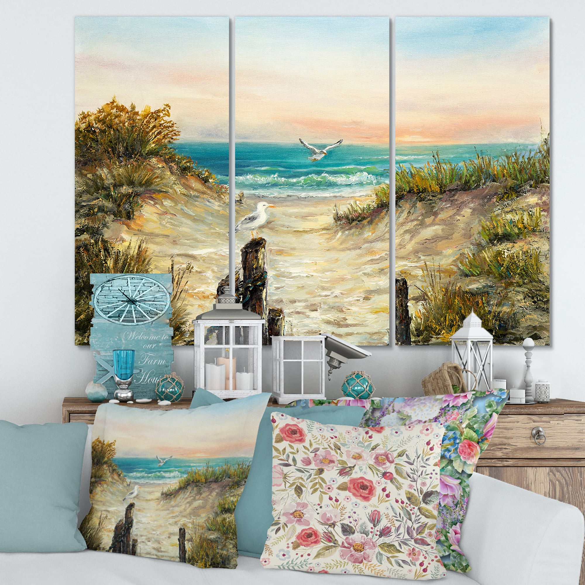 Designart ' Ocean Dunes During Pink Sinset on Beach ' Nautical & Coastal Canvas Wall Art Print