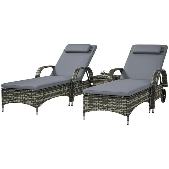 Resenkos Patio Deluxe Chaise Lounge Set of 2 With Table - Adjustable Backrest, Comfy Cushions & Headrest, Mobile Wheels, Gray