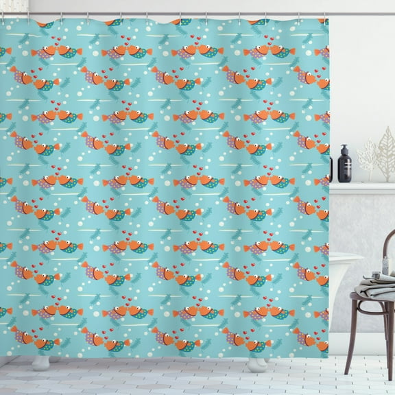 Kissing Shower Curtain, Repetitive Love Themed Layout of Numerous Colorful Couple Fish Pattern, Fabric Bathroom Set with Hooks, 69W X 84L Inches Extra Long, Seafoam and Multicolor, by Ambesonne