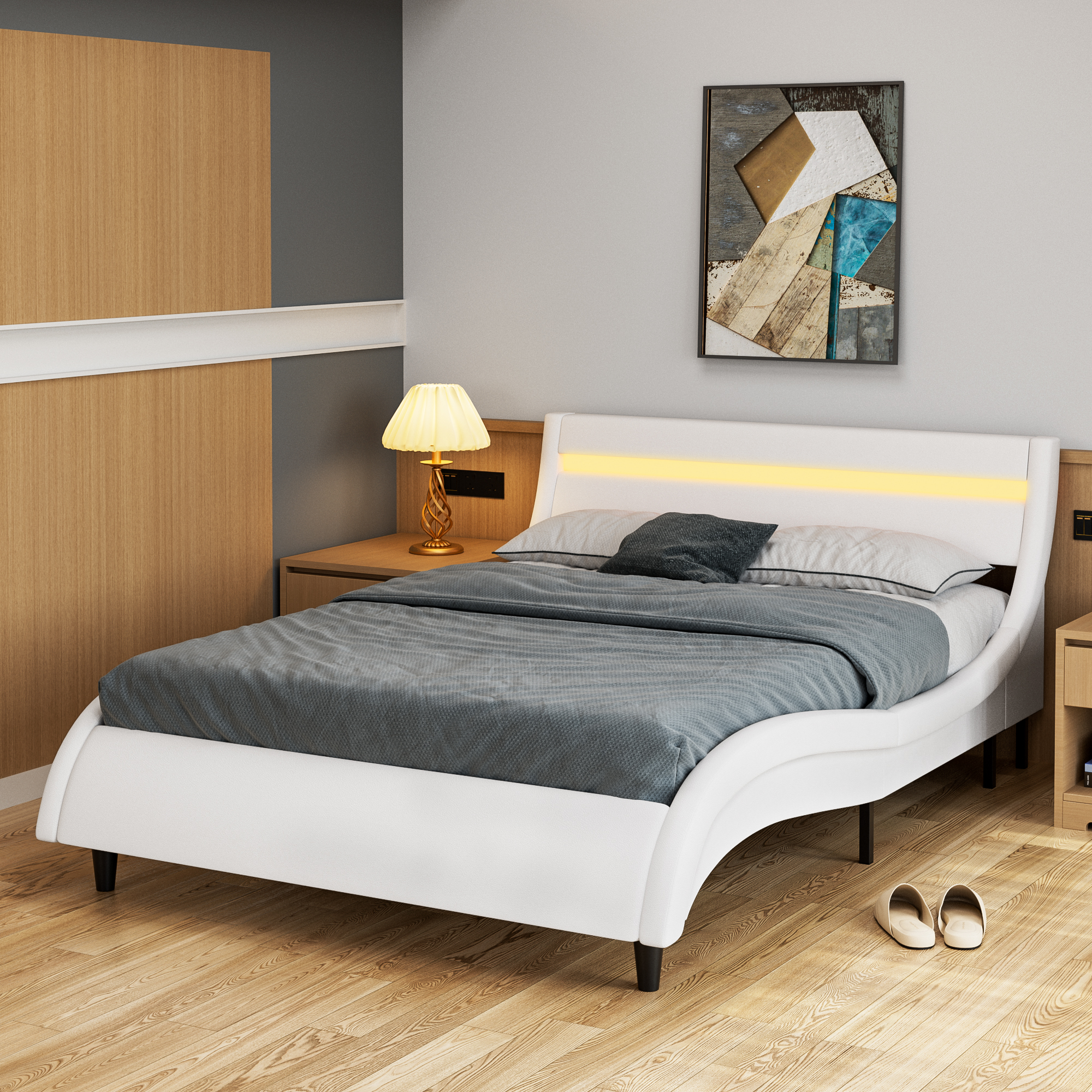Homfa Full Size Bed Frame, 16 Colors Led Wooden Platform Bed Frame with Adjustable Upholstered Headboard, White - image 5 of 8