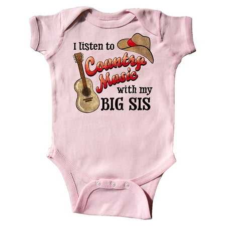 

Inktastic I Listen to Country Music with my Big Sis Guitar and Hat Gift Baby Boy or Baby Girl Bodysuit