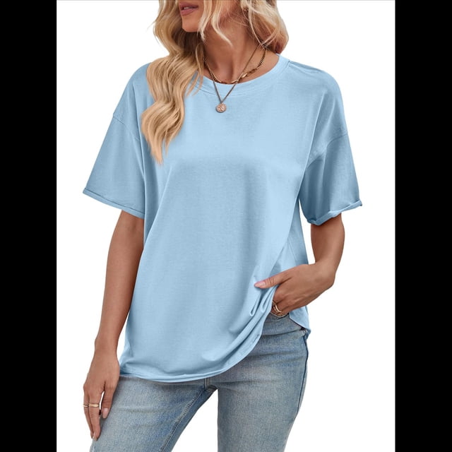 Camisetas Holgadas de Gran Tamaño para Mujer, Cuello Redondo, Corta, Blusa Informal de Verano Y2K 2025, Camiseta Básica Azul M
