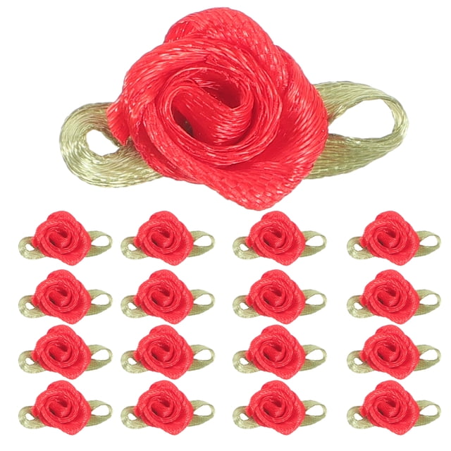100Pcs Fabric Roses with Leaves Mini Ribbon Bows Fabric Artificial Flower Applique for Crafting Sewing