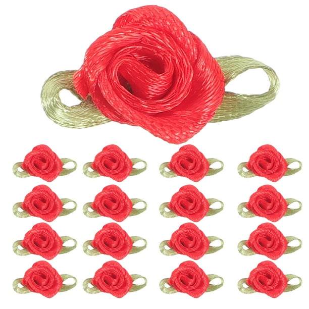 Rosas de tela de 100 piezas con hojas mini arcos de cinta de cinta de tela apliques de flores artificiales para la costura