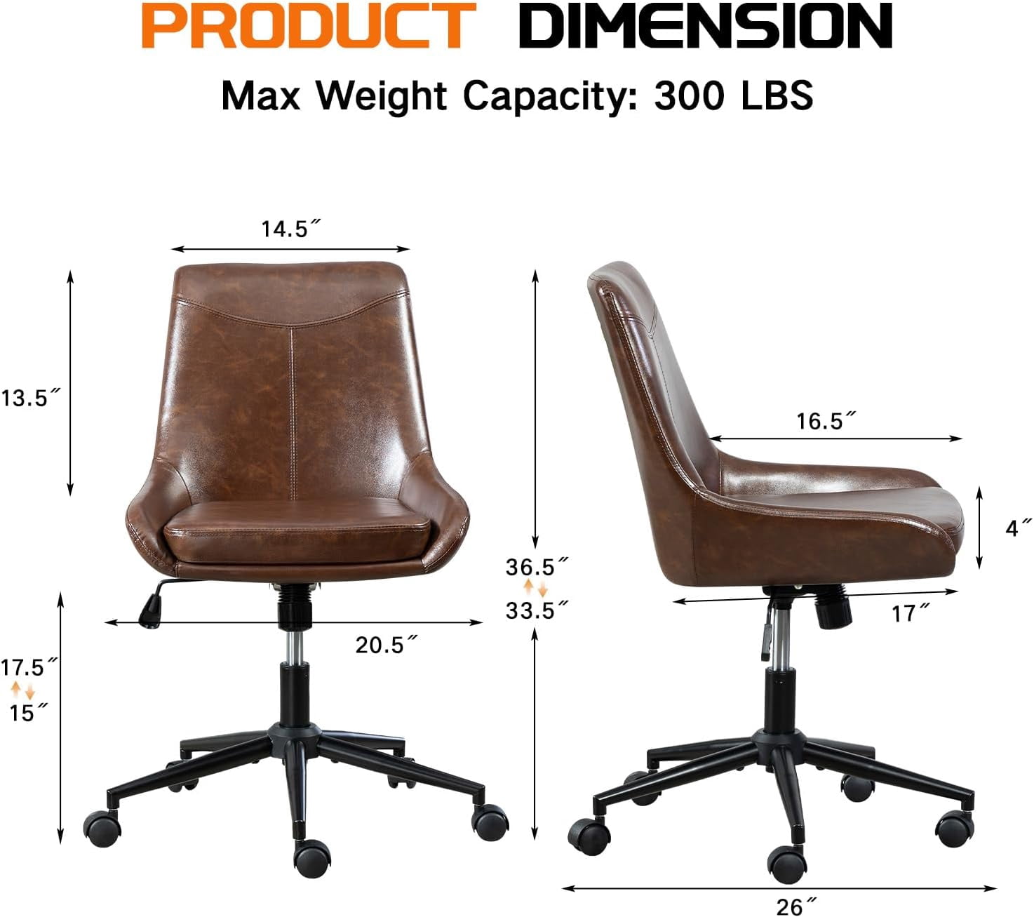 Faux Leather Home Office Chair，Comfortable Armless Task Chair Swivel Rolling Adjustable Height Home Office