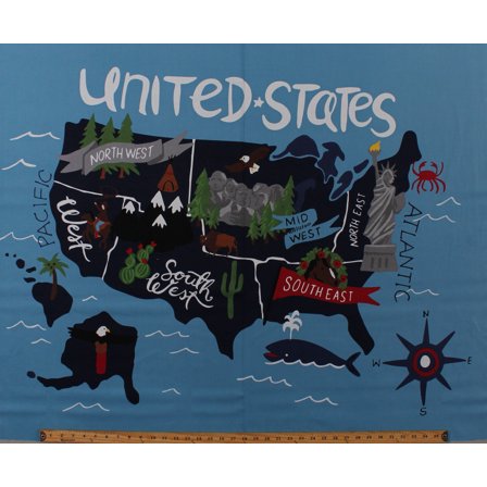 36" X 44" Panel United States of America Regions Map Geography USA Celebrate America Blue Cotton Fabric Panel (P8287-Blue)