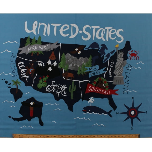 36" X 44" Panel United States of America Regions Map Geography USA Celebrate America Blue Cotton Fabric Panel (P8287-Blue)