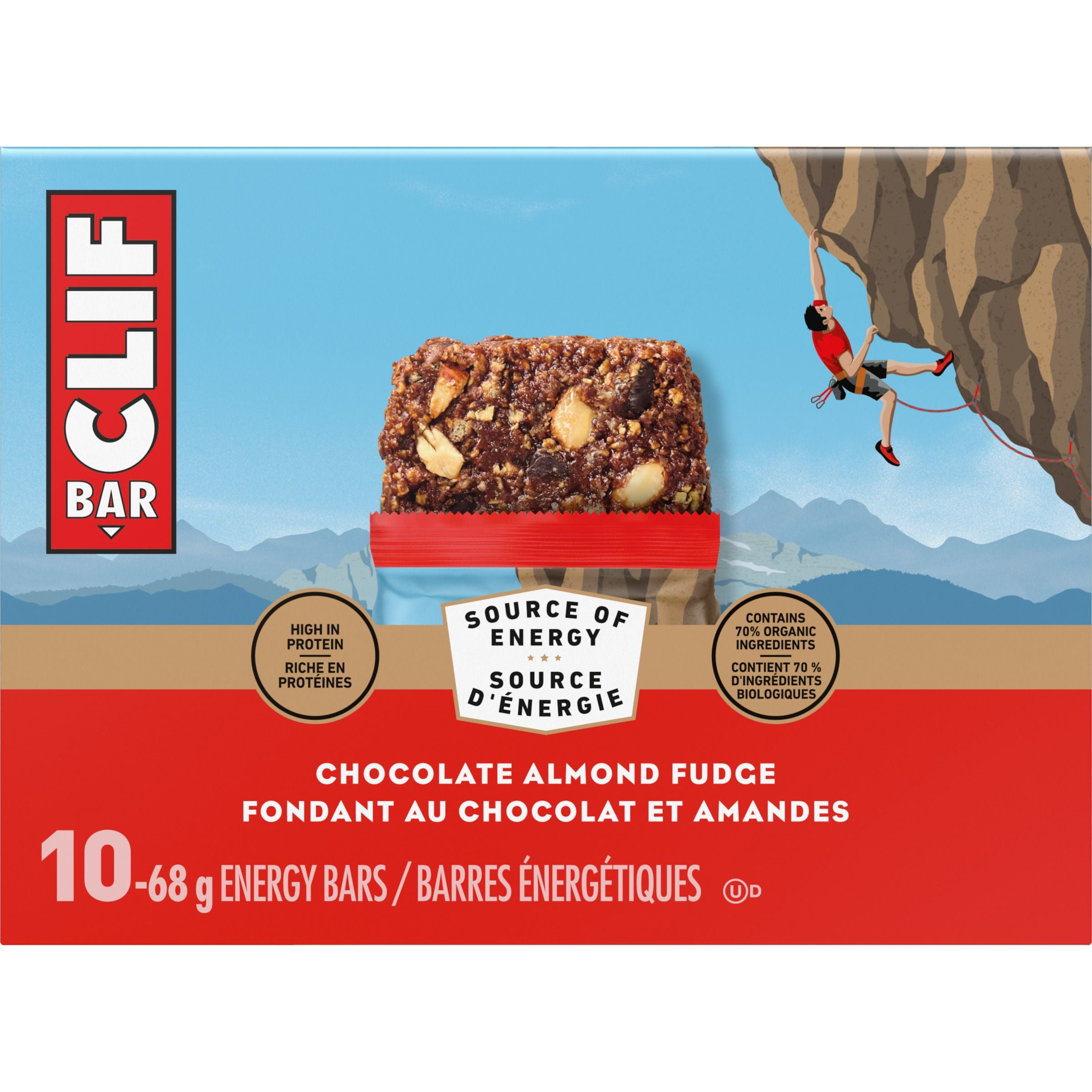 CLIF BAR Energy Bars, Chocolate Almond Fudge, Granola Bar, High in Protein, Contains 70% Organic Ingredients, (Pack of 10), 680 g