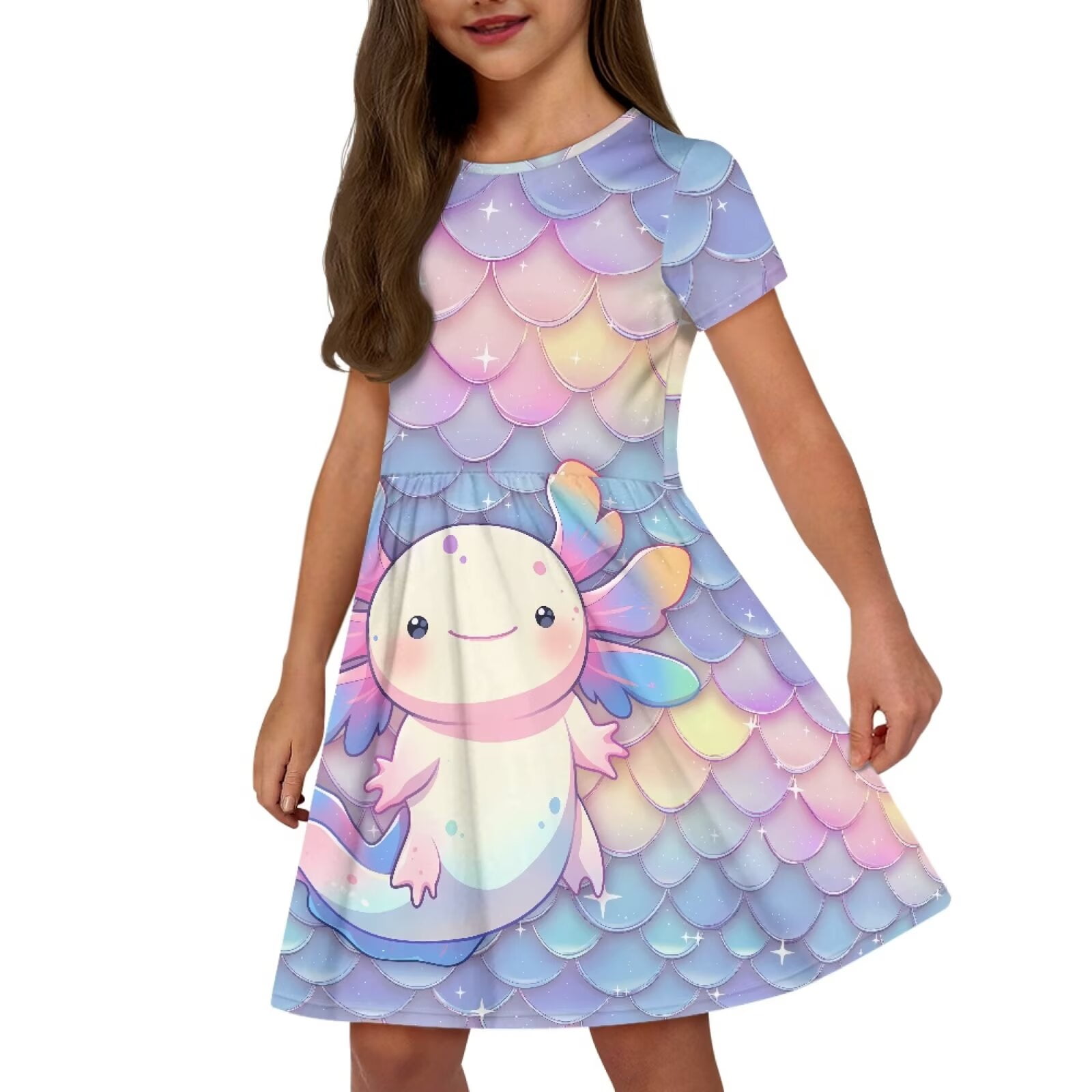 Uourmeti Girls Axolotl Dresses Size 5-6 Fish Scale Short Sleeve Swing Dress Summer Crewneck Midi Dresses Casual Soft Knee Length A-Line Dress with Pockets