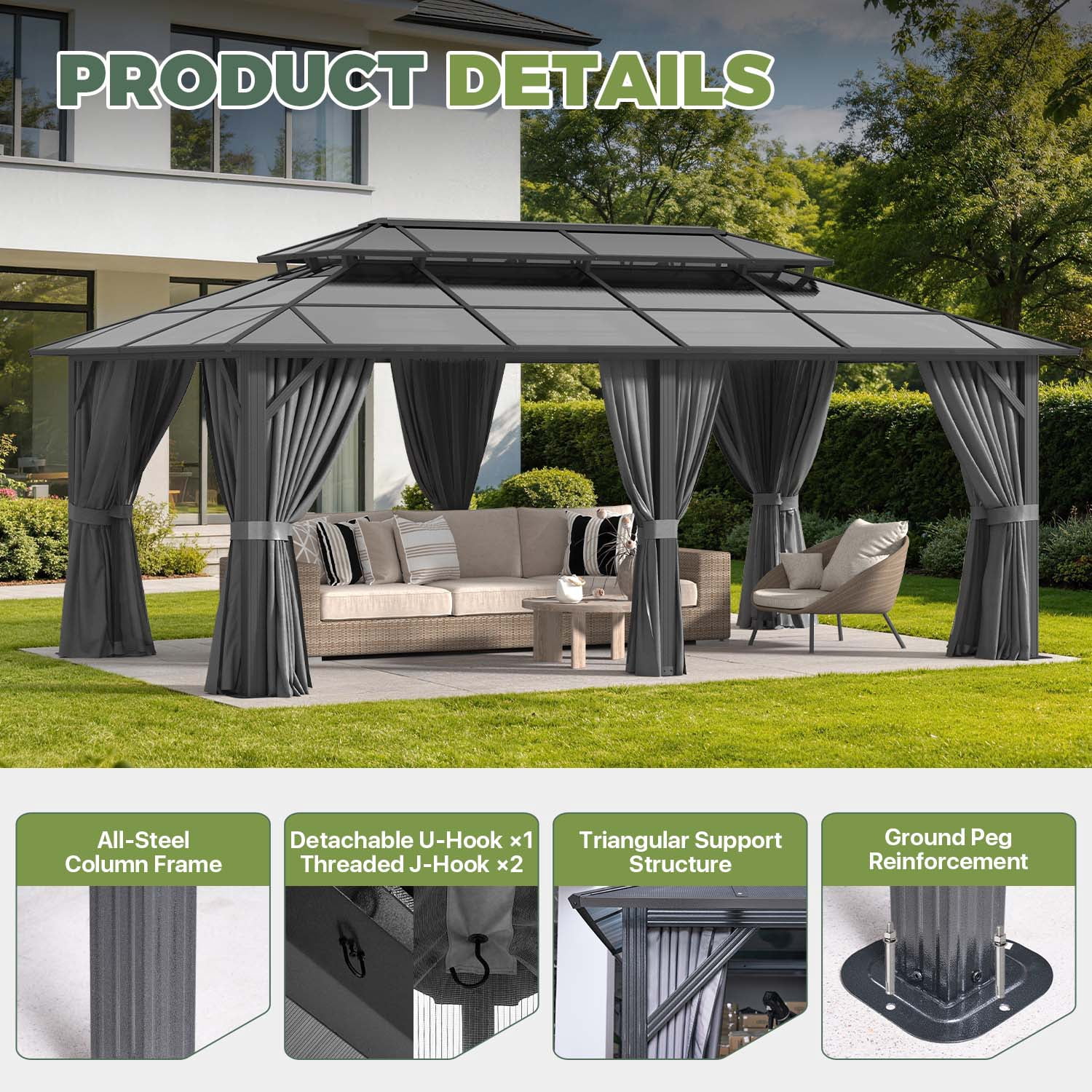 BaPiPro 20x12 FT Outdoor Gazebo, Double Roof Polycarbonate Hardtop, Iron Frame, Black & Gray, UV Protected, Weather Resistant, for Patio Backyard Deck Lawn
