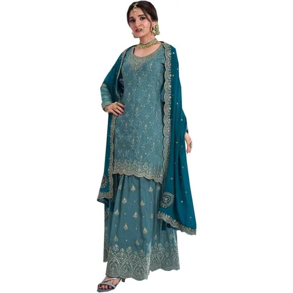 Indian Pakistani Designer Wedding Function Wear Sewn Salwar Kameez Sharara Suits ( Teal Blue, XXS - 34 )