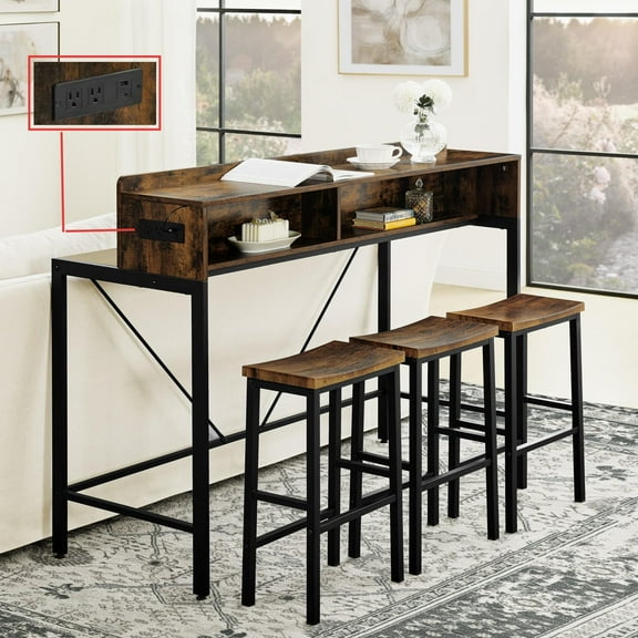DEALTOPS 59" 4-Piece Bar Table Set, Dining Table with 3 Saddle Stools, Charging Station & LED Lights, Rustic Brown