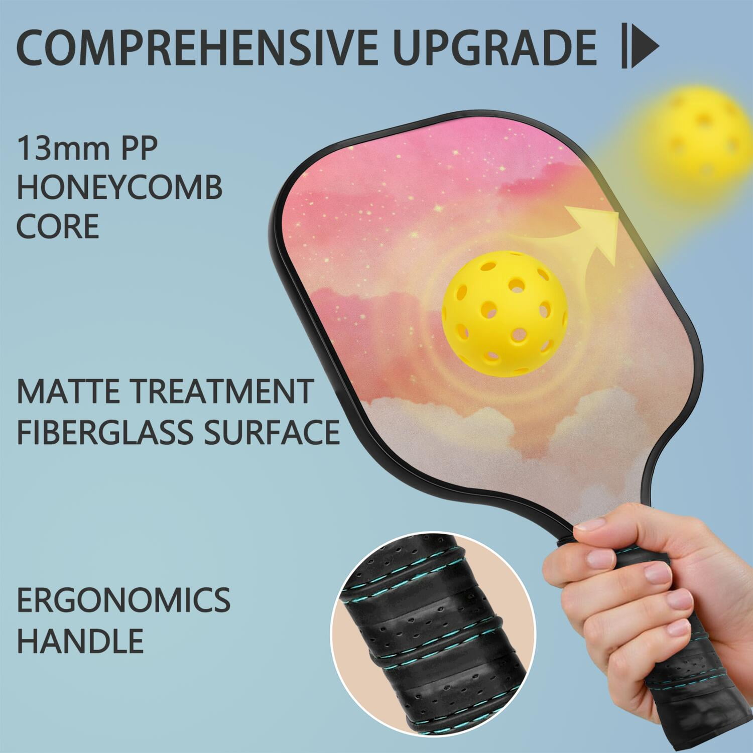 Pickleball Paddles Set Of 2, Fiberglass Surface, Dreamy Cloud Print, 4 Balls & Bag