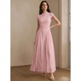 thumbnail image 5 of Womens Elegant Pink High Neck Cap Sleeve A-Line Long Pleated Dress, 5 of 6