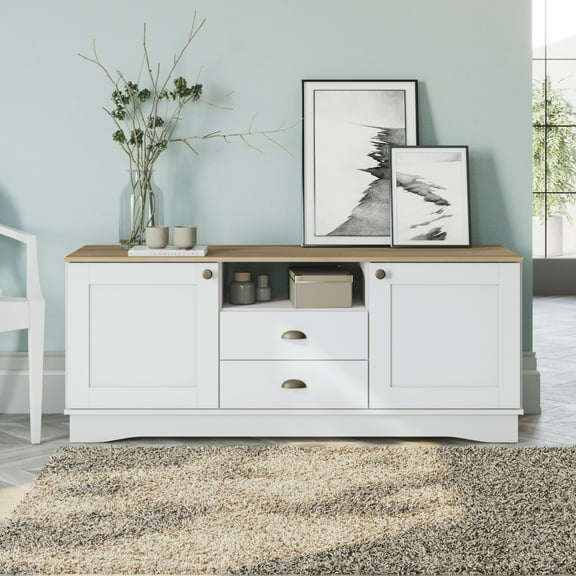 Kappesberg Fairfield Mid-Century Modern 59.4"W TV Stand with Drawers, Doors & Cable Niche – White/Light Oak