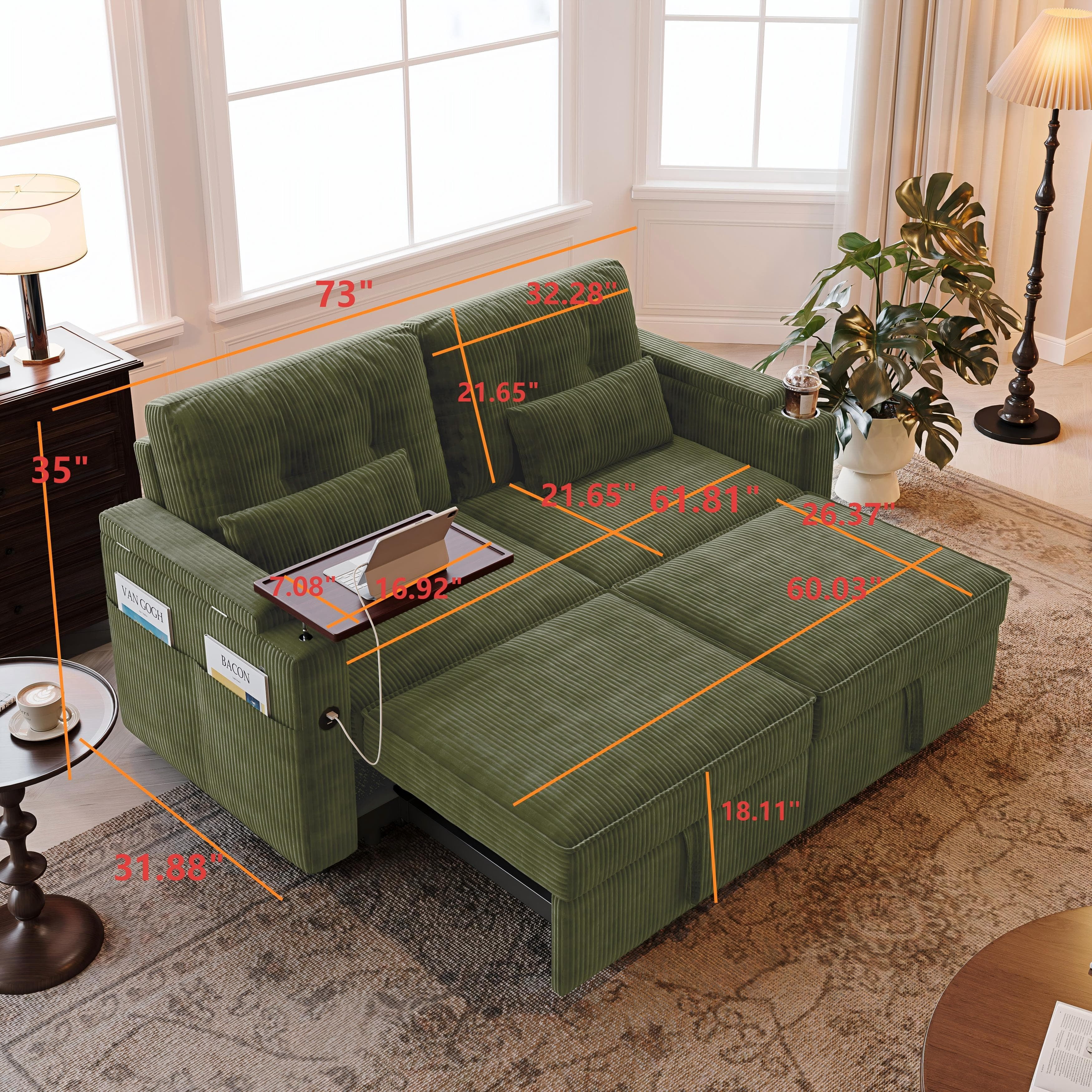 Aukfa 73" 3-in-1 Convertible Sleeper Sofa Bed, Corduroy Pull-Out Couch with 360° Swivel Side Table, USB Ports & Storage Armrests, Oversized Queen, Green