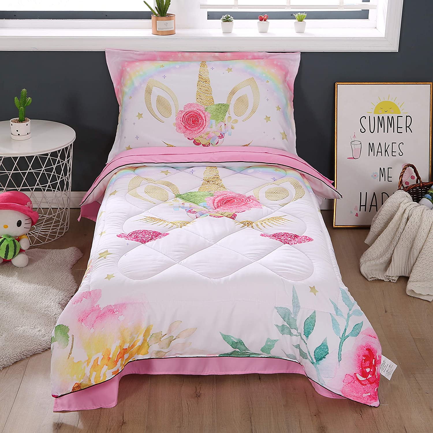 Wowelife Rainbow Unicorn Toddler Bedding Set Pink 4 Piece Clounds Toddler Bed Sets for Girls Pink Rainbow