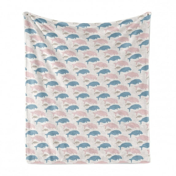 Manatee Soft Flannel Fleece Throw Blanket, Sea Animal Silhouettes Pattern with Diagonal Lines Pastel Toned Elements Graphic, Cozy Plush for Indoor and Outdoor Use, 70" x 90", Multiclor, by Ambesonne
