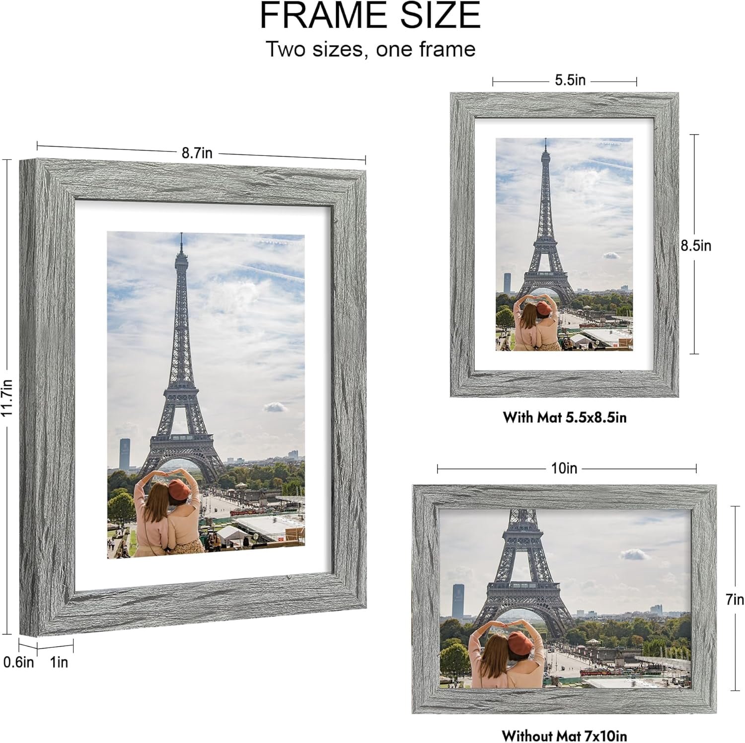 7x10 Picture Frame Set of 2, Made of Real Glass and Grey Wooden Frame - Display 5.5 x 8.5 Diploma Frame with Mat or 7x10 Without Mat, 7 by 10 Photo for Wall or Tabletop