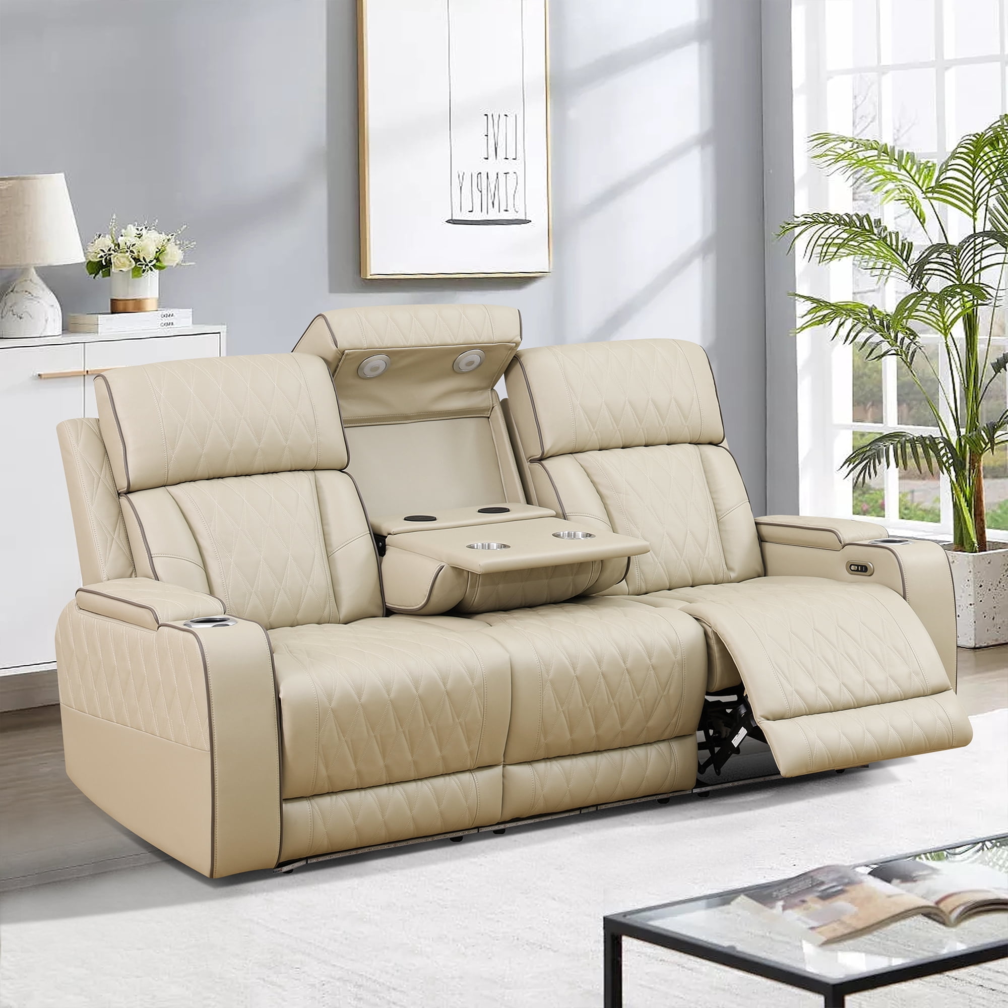 Gewnee Power Reclining Multifunctional Sofa with USB, Air Leather, Storage Console, Living Room,Khaki