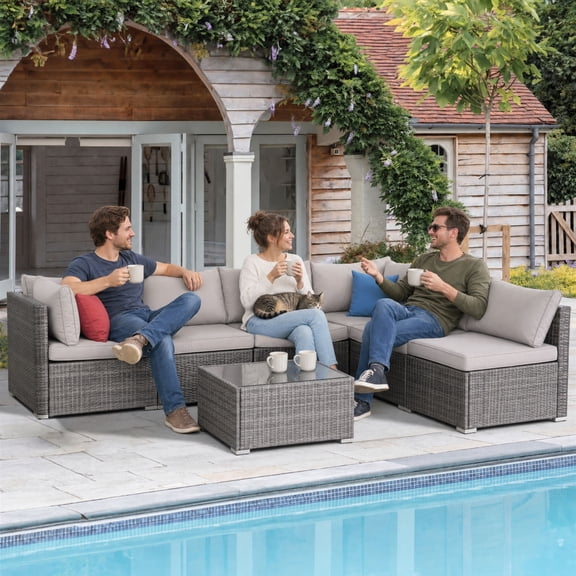 FHFO 7 Pieces Outdoor Patio Furniture Set, Wicker Sectional Sofa Set Rattan Modular Patio Conversation Sets with Cushions Couch Set & Coffee Table for Outside, Garden, Balcony, Porch, Grey/Gray