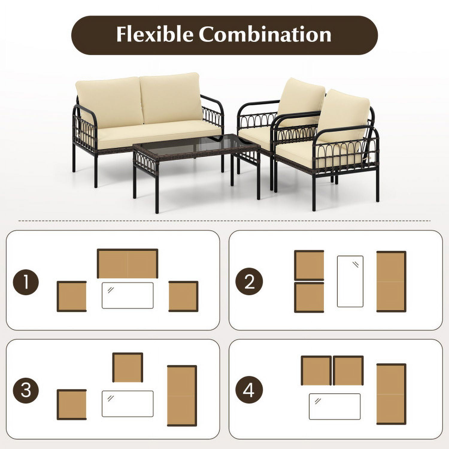 Aimee Lii 4 Pieces Outdoor Wicker Conversation Bistro Set with Cushions and Glass Coffee Table, Outdoor Patio Set, Beige Aimee Lii 4 Pieces Outdoor Wicker Conversation Bistro Set with Cushions and Glass Coffee Table, Outdoor Patio Set, Beige