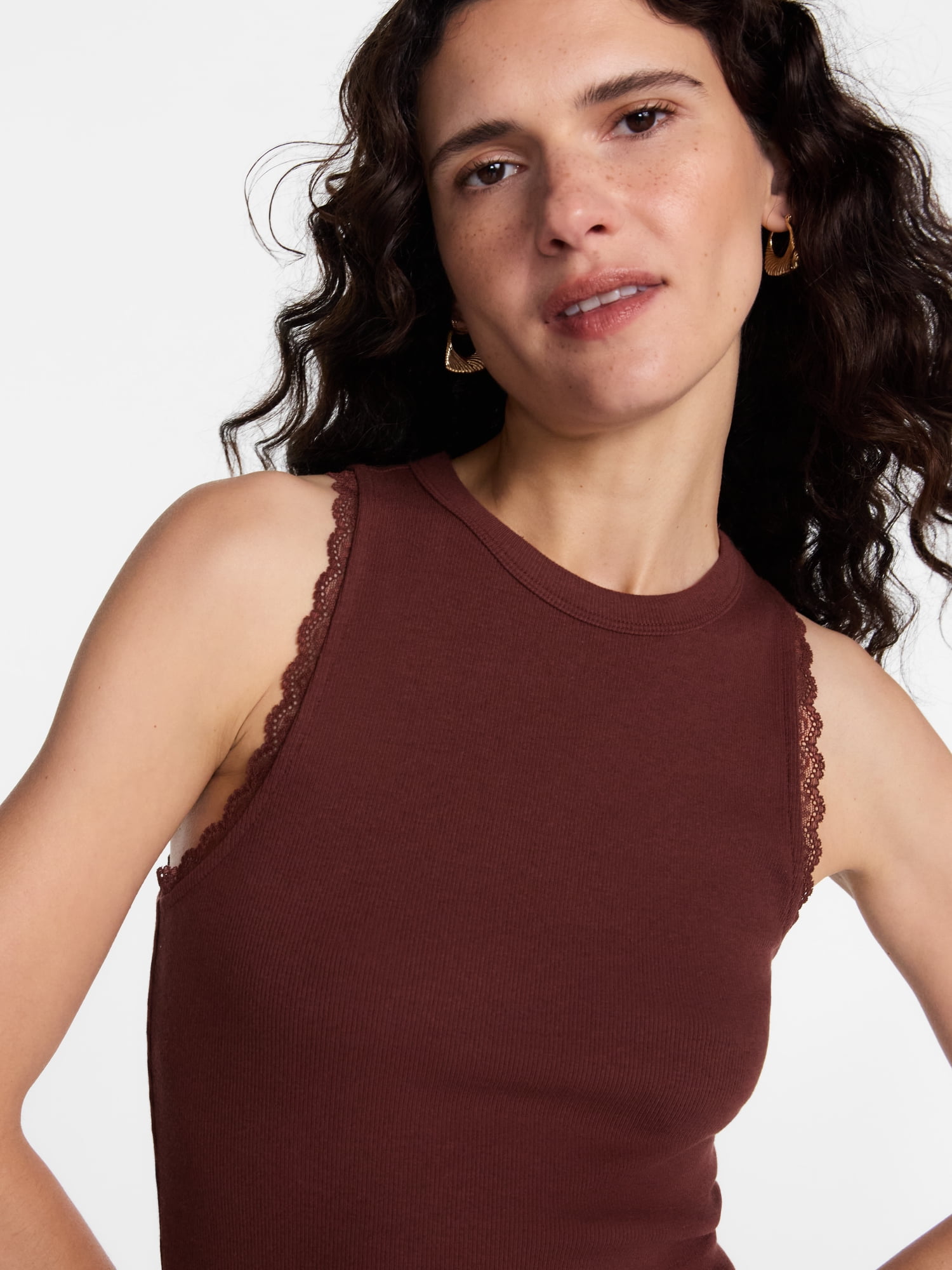 Scenario Women's Ribbed Tank Top with Lace Trim, Sizes XS-XXXL