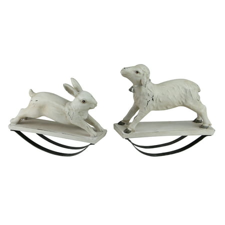 Pack of 2 Antique Finish Cream Colored Rocking Bunny Rabbit and Lamb Table Top Decorations