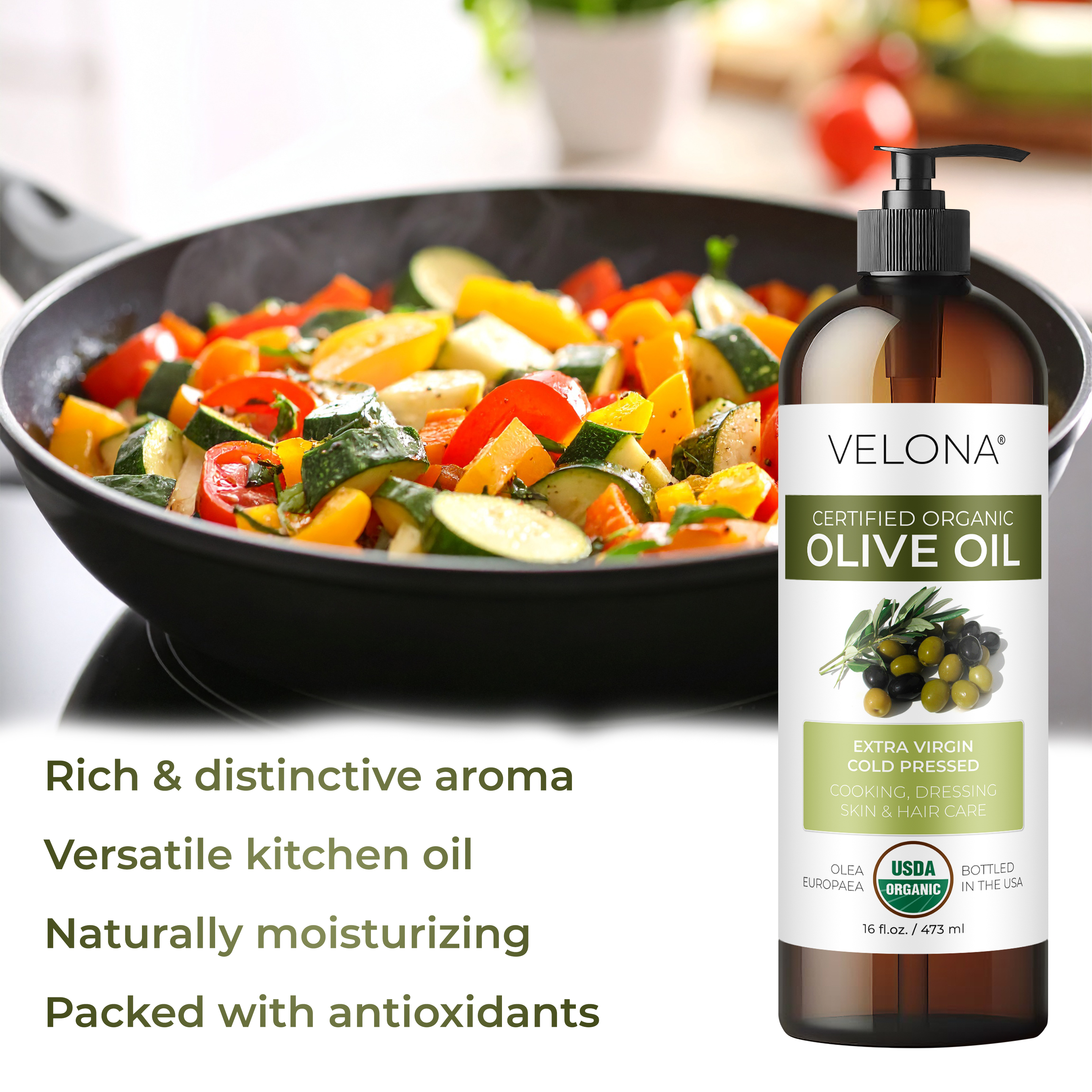 Velona USDA Certified Organic Olive Oil - 32 oz | 100% Pure and Natural Carrier Oil | Extra Virgin, Unrefined, Cold Pressed | Cooking, Dressing, Face, Hair, Body, Skin Care | Use Today - Enjoy Results