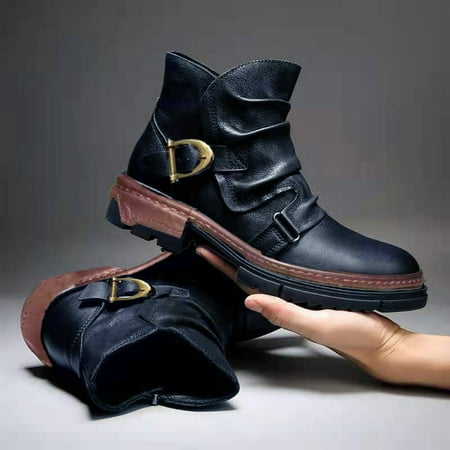 

VKEKIEO Mens Casual Boots Round Toe High Heel Booties Ornamental Zipper Buckle Black Winter Boots